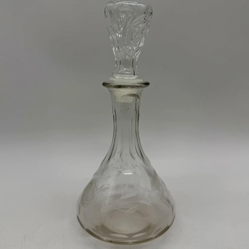 Vintage Etched Glass Decanter Floral Rose Pattern Clear Wine Liquor Bottle